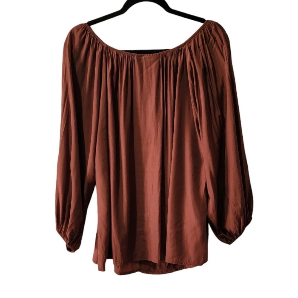 Eva Mendez brown long sleeves blouse size XL Polyester blend Scoop Neck * - Picture 2 of 7